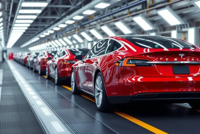 Tesla Cars on a Futuristic Production Line